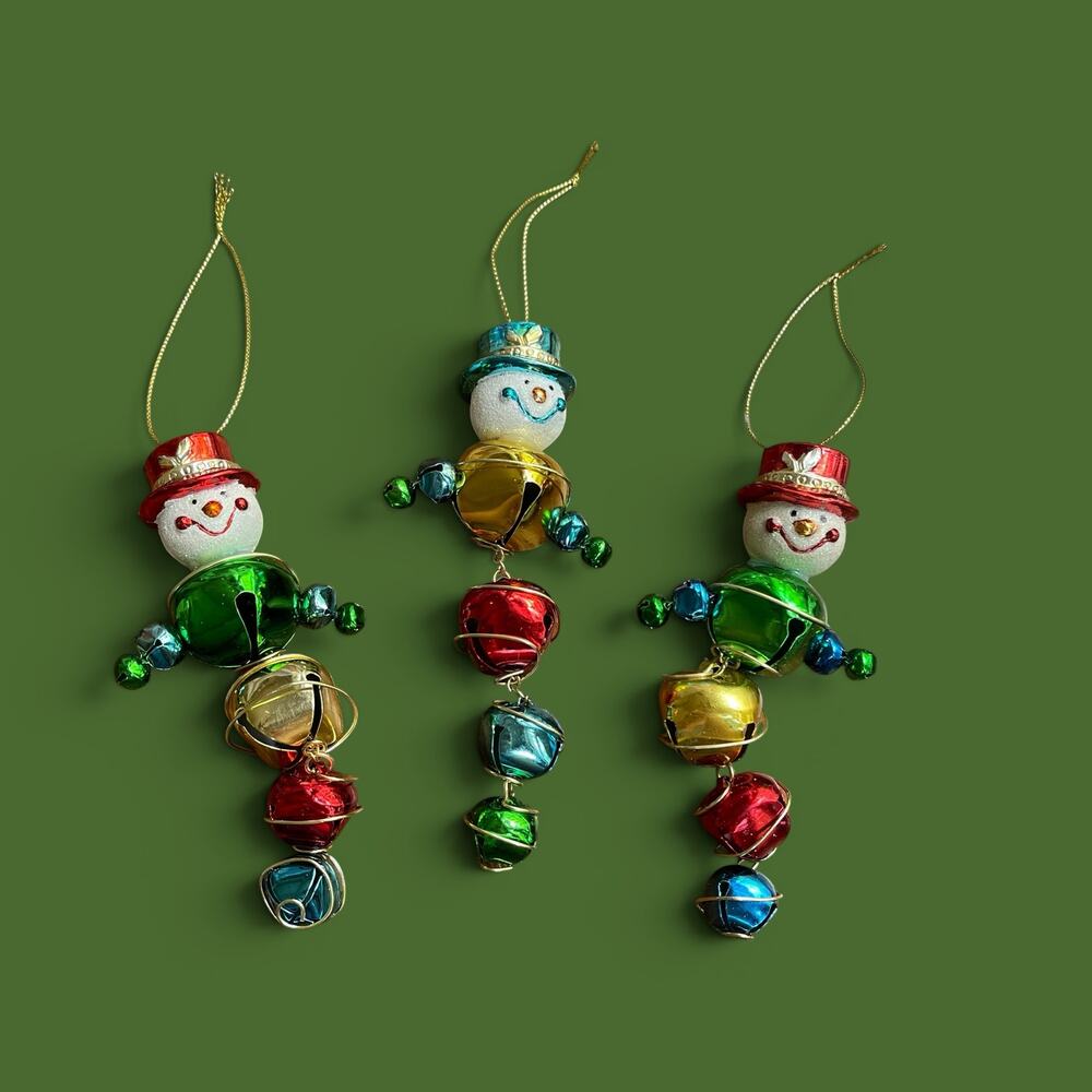 Vintage Jingle Bell Snowman Christmas Holiday Ornament Set of 3 Retro Kitschy